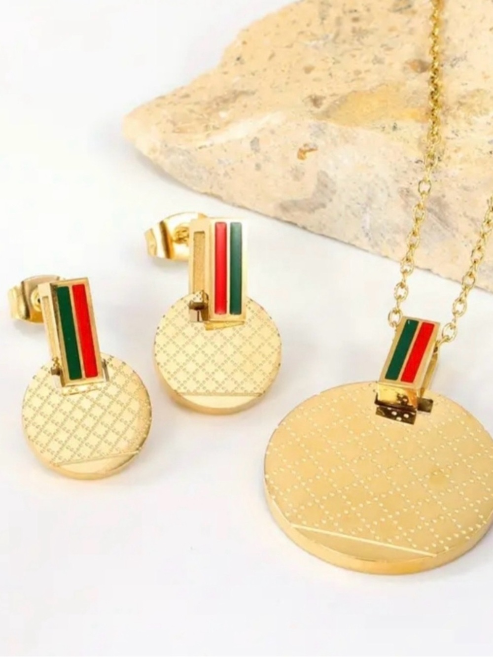 Gold-Tone Medallion Necklace & Earring Set with Red and Green Stripes - Picture 2 of 3